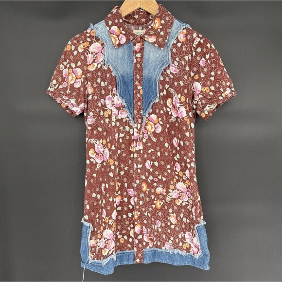 Free People Dresses & Skirts - Free People Women's Boho Floral Denim Trim Mini Dress 6 Brown Mixed Media Y2k